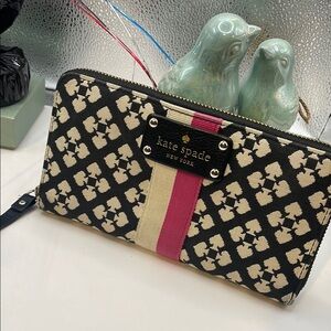 Kate Spade Black and Cream Wallet with Pink Stripe